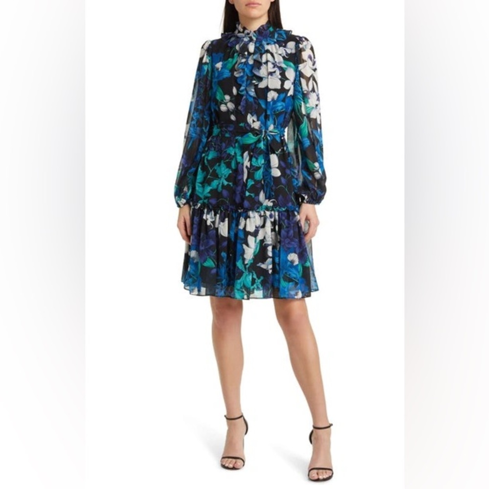 NWT $598 Kobi Halperin Blue and Green Floral Long Sleeve Dress Size M